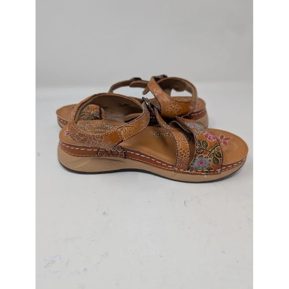 L'Artiste by Spring Step Sweetened Leather Sandals Brown Floral Wedge sz 37 US 7